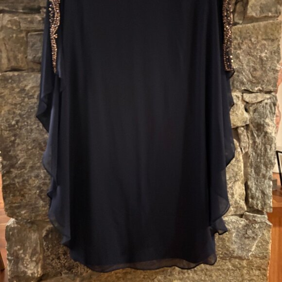 XSCAPE NAVY CHIFFON OVERLAY BEADED SLEEVE SHIFT DRESS CAPE DRESS SZ 14W - NWOT - Picture 3 of 14